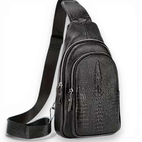 Men’s Black Leather Sling Bag 11.8" Crossbody Chest Pack with Croc Texture & Zip