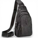 Men’s Black Leather Sling Bag 11.8" Crossbody Chest Pack with Croc Texture & Zip
