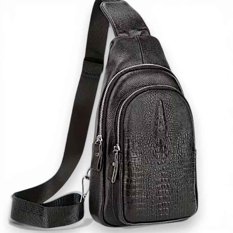 Men’s Black Leather Sling Bag 11.8" Crossbody Chest Pack with Croc Texture & Zip