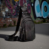 Men’s Black Leather Sling Bag 11.8" Crossbody Chest Pack with Croc Texture & Zip