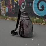 Men’s Black Leather Sling Bag 11.8" Crossbody Chest Pack with Croc Texture & Zip