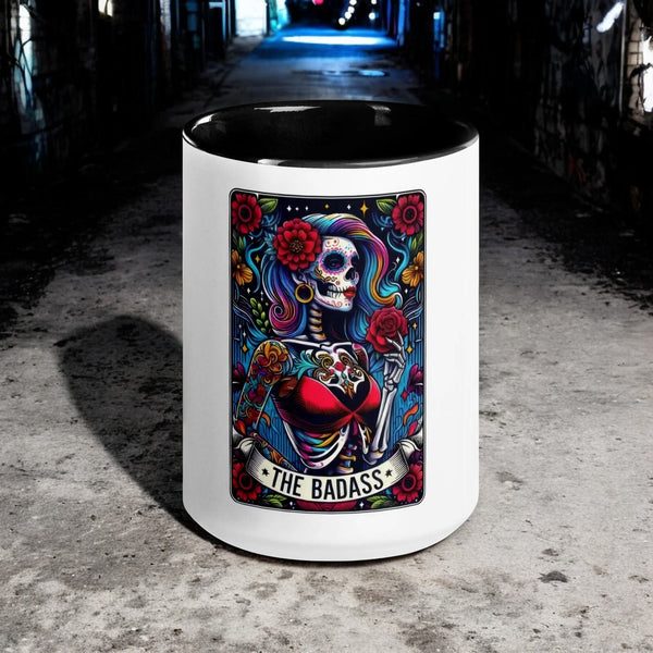 "Badass Day of the Dead Skeleton Mug - Colorful Calavera Coffee Cup"