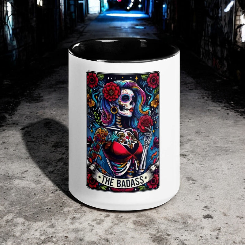"Badass Day of the Dead Skeleton Mug - Colorful Calavera Coffee Cup"