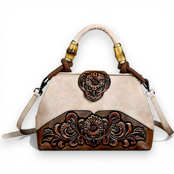 White Floral Embossed Leather Shoulder Bag Retro Vintage Purse for Women