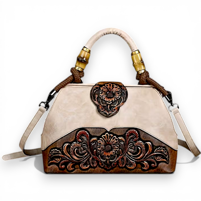 White Floral Embossed Leather Shoulder Bag Retro Vintage Purse for Women