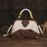 White Floral Embossed Leather Shoulder Bag Retro Vintage Purse for Women
