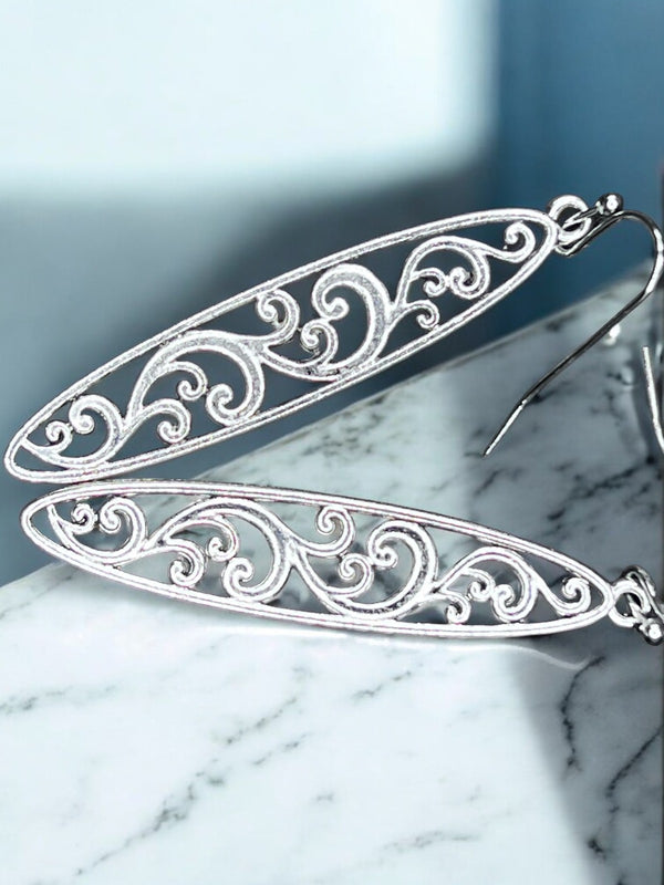 Silver Filigree Dangle Earrings 2in | Long Teardrop Scroll Hook Earrings