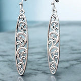 Silver Filigree Dangle Earrings 2in | Long Teardrop Scroll Hook Earrings