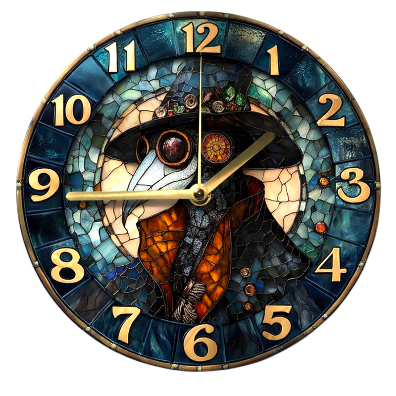 Plague Doctor Wall Clock 8 Inch Silent Gothic Stained Glass Home Decor