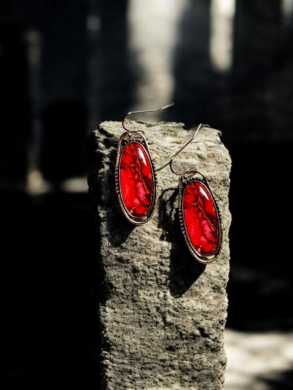 Red Art Glass Oval Dangle Earrings Silver Tone 2" Boho Statement
