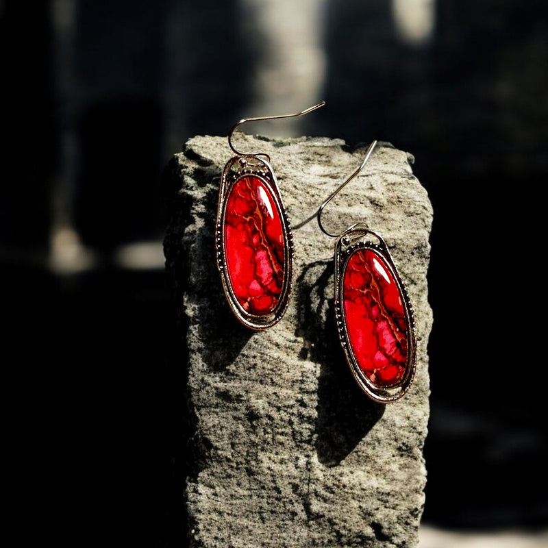 Red Art Glass Oval Dangle Earrings Silver Tone 2" Boho Statement
