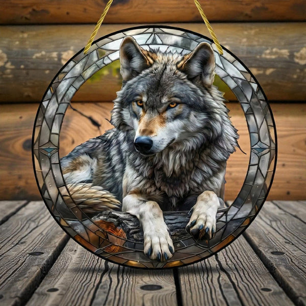 Lying Wolf Faux Stained Glass 8" Suncatcher Flat Acrylic Animal Window Decor