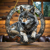 Lying Wolf Faux Stained Glass 8" Suncatcher Flat Acrylic Animal Window Decor
