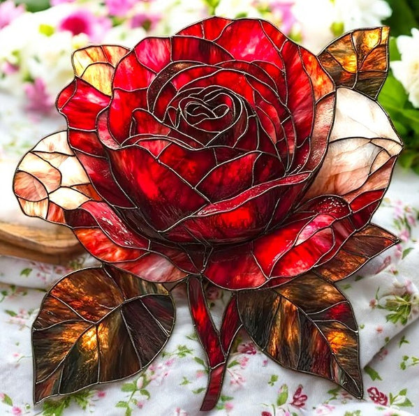 9" Red Rose Faux Stained Glass Suncatcher Floral Window Hanging Decor