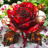 9" Red Rose Faux Stained Glass Suncatcher Floral Window Hanging Decor