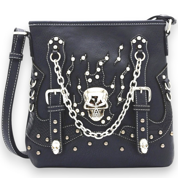 Gothic Skull Crossbody Bag Punk Chain Studded Black Alt Shoulder Purse