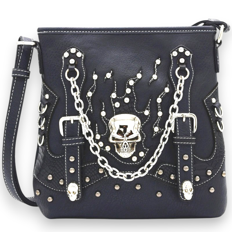 Gothic Skull Crossbody Bag Punk Chain Studded Black Alt Shoulder Purse