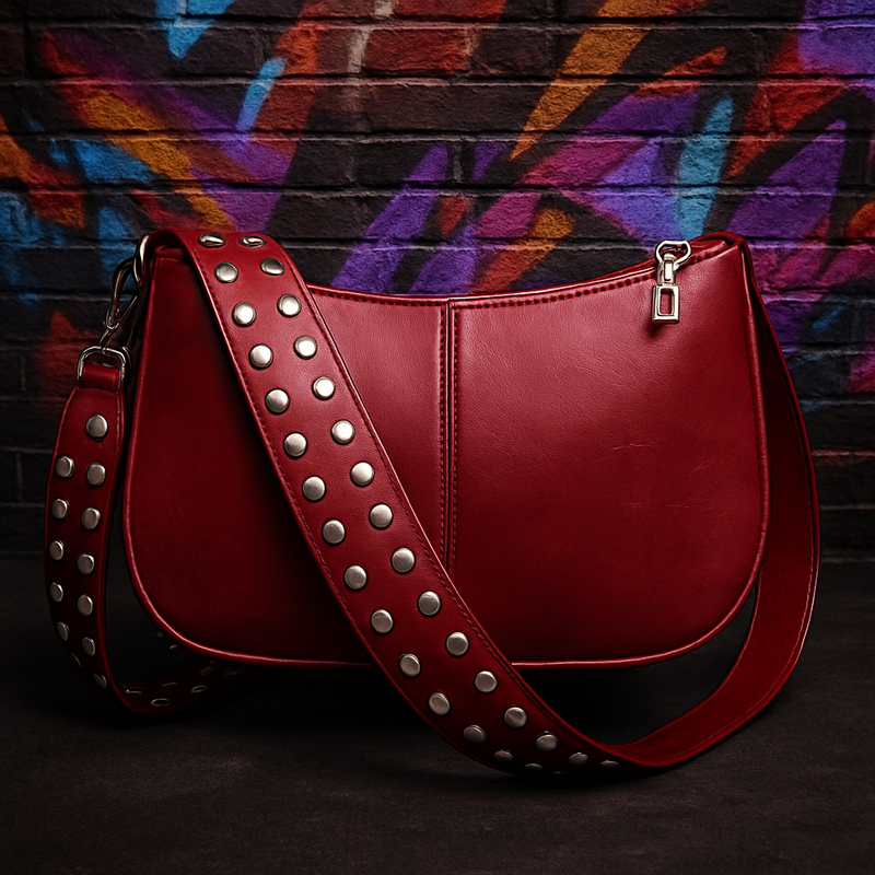 Red Studded Punk Shoulder Bag Crossbody Purse, Rock Goth Aesthetic Handbag