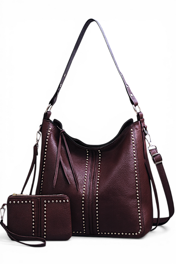 Women's Retro Punk Rivet Tote Bag w/ Wallet – Large Capacity Shoulder Handbag