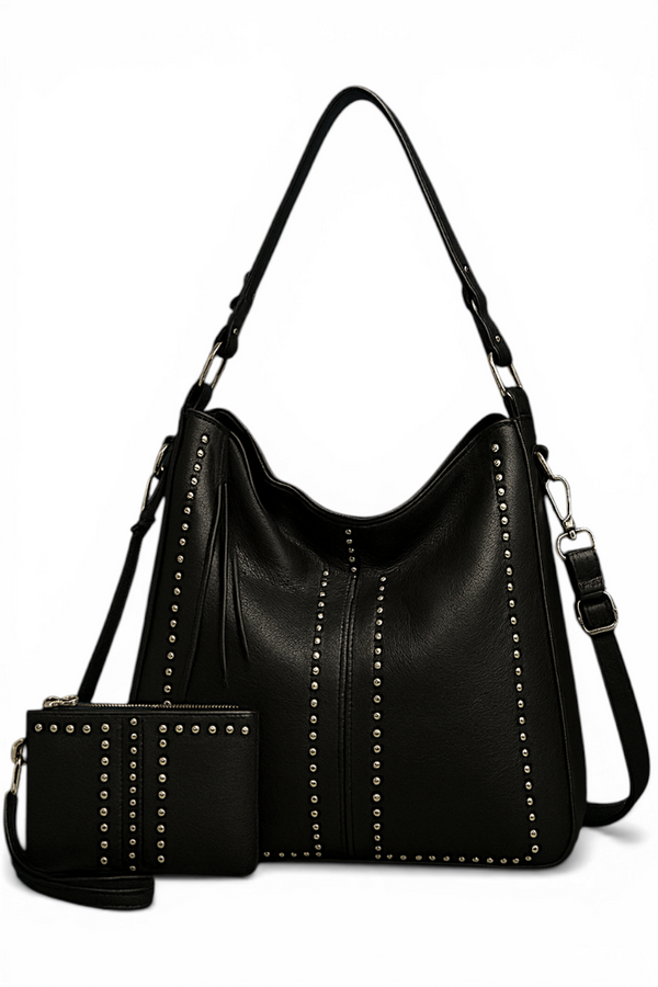 Women's Retro Punk Rivet Tote Bag w/ Wallet – Large Capacity Shoulder Handbag