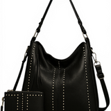 Women's Retro Punk Rivet Tote Bag w/ Wallet – Large Capacity Shoulder Handbag