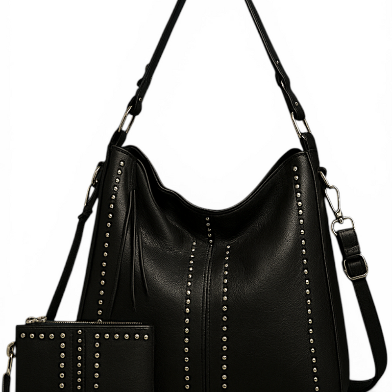 Women's Retro Punk Rivet Tote Bag w/ Wallet – Large Capacity Shoulder Handbag