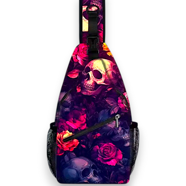 Gothic Skull and Roses Sling Bag 15 Inch Crossbody with Pockets and Zipper