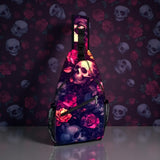 Gothic Skull and Roses Sling Bag 15 Inch Crossbody with Pockets and Zipper