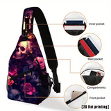 Gothic Skull and Roses Sling Bag 15 Inch Crossbody with Pockets and Zipper