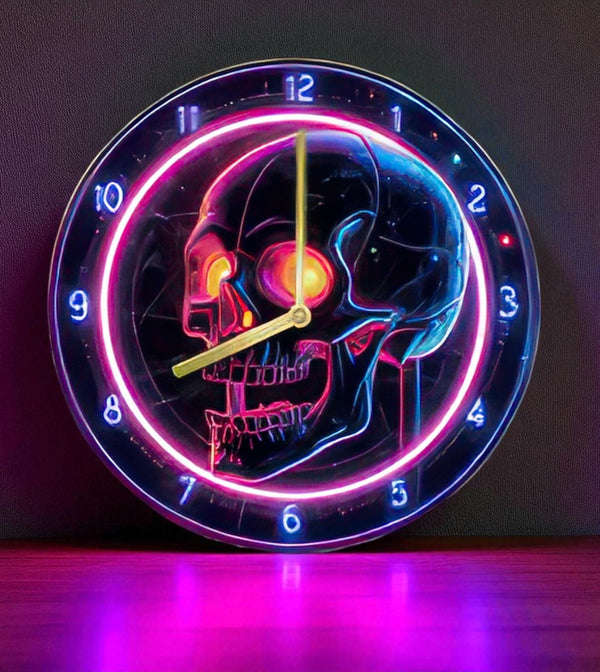 Neon Skull Wall Clock 8” Silent Aluminum 2D Effect Gothic Punk Home Decor