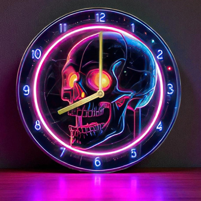 Neon Skull Wall Clock 8” Silent Aluminum 2D Effect Gothic Punk Home Decor