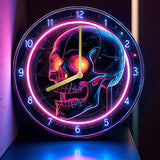 Neon Skull Wall Clock 8” Silent Aluminum 2D Effect Gothic Punk Home Decor