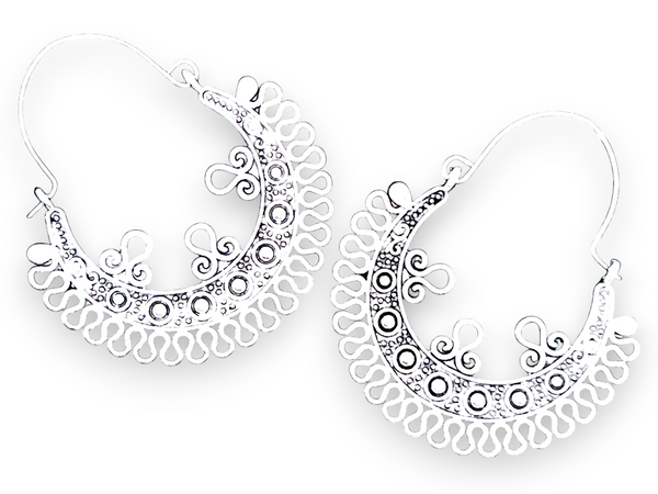 Silver Mandala Filigree Dangle Earrings Boho Sacred Geometry Hoop