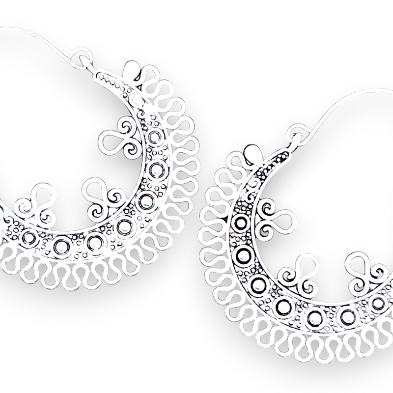 Silver Mandala Filigree Dangle Earrings Boho Sacred Geometry Hoop