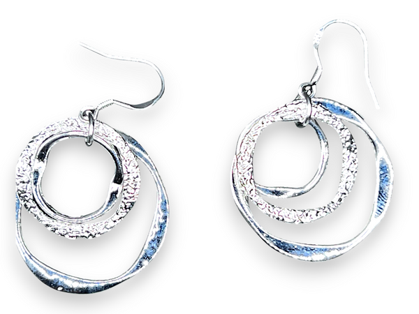 Sterling Silver Triple Circle Dangle Earrings Textured Modern Drop 2”