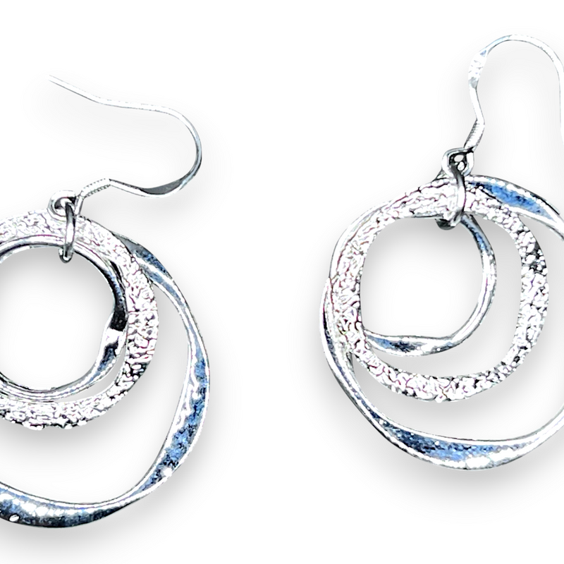 Sterling Silver Triple Circle Dangle Earrings Textured Modern Drop 2”