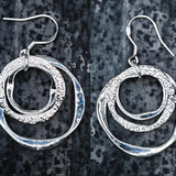 Sterling Silver Triple Circle Dangle Earrings Textured Modern Drop 2”