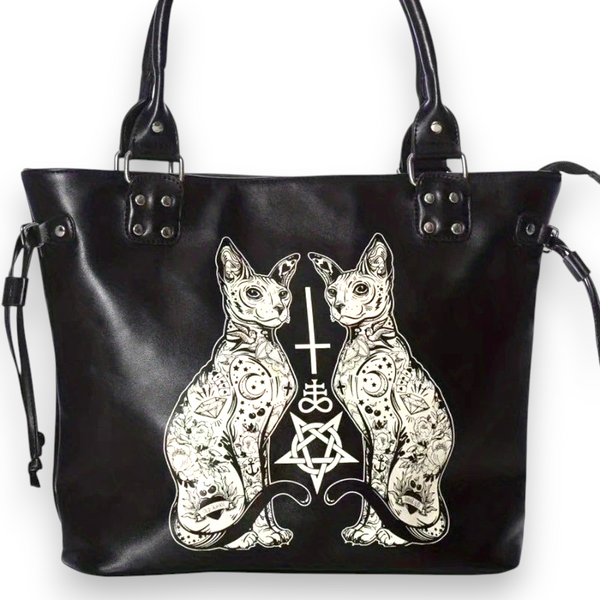 Gothic Cat Tote Bag Black Occult Purse Pentagram Witchy Large Handbag
