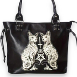 Gothic Cat Tote Bag Black Occult Purse Pentagram Witchy Large Handbag