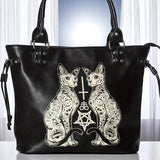 Gothic Cat Tote Bag Black Occult Purse Pentagram Witchy Large Handbag