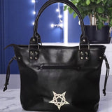 Gothic Cat Tote Bag Black Occult Purse Pentagram Witchy Large Handbag