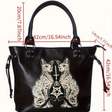 Gothic Cat Tote Bag Black Occult Purse Pentagram Witchy Large Handbag