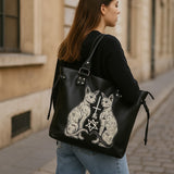 Gothic Cat Tote Bag Black Occult Purse Pentagram Witchy Large Handbag