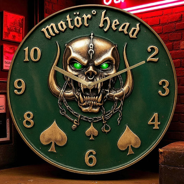 Motor Head Skull Wall Clock 8” Silent Acrylic Gothic Rock Punk Home Decor