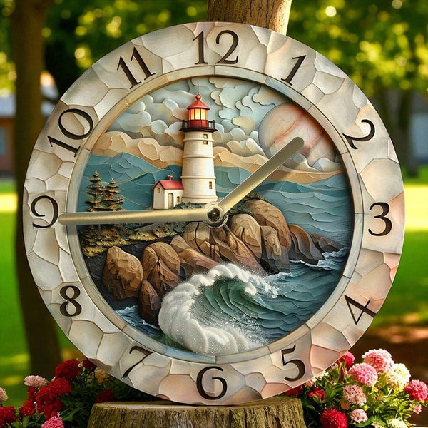 Lighthouse Wall Clock Silent Aluminum 8x8 Coastal Ocean Decor Valentine Gift