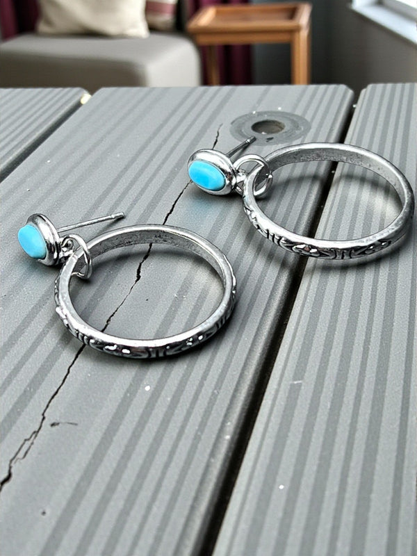 Blue Glass Bead Hoop Earrings Silver Tone 1" Dangle Boho Minimalist