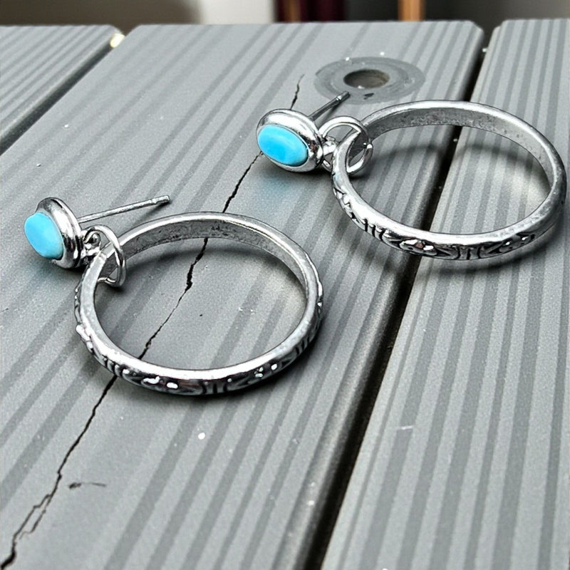 Blue Glass Bead Hoop Earrings Silver Tone 1" Dangle Boho Minimalist
