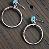 Blue Glass Bead Hoop Earrings Silver Tone 1" Dangle Boho Minimalist