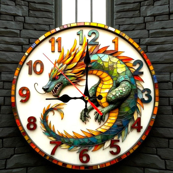 Dragon Wall Clock 10” Silent Fantasy Wooden Decor Gothic Bedroom Living Room