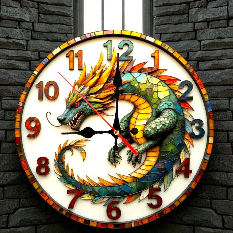 Dragon Wall Clock 10” Silent Fantasy Wooden Decor Gothic Bedroom Living Room